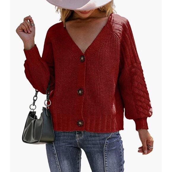 Red Chunky Cable Knit Button Down Oversized Long‎ Sleeve Sweater Cardigan Top - Picture 5 of 5
